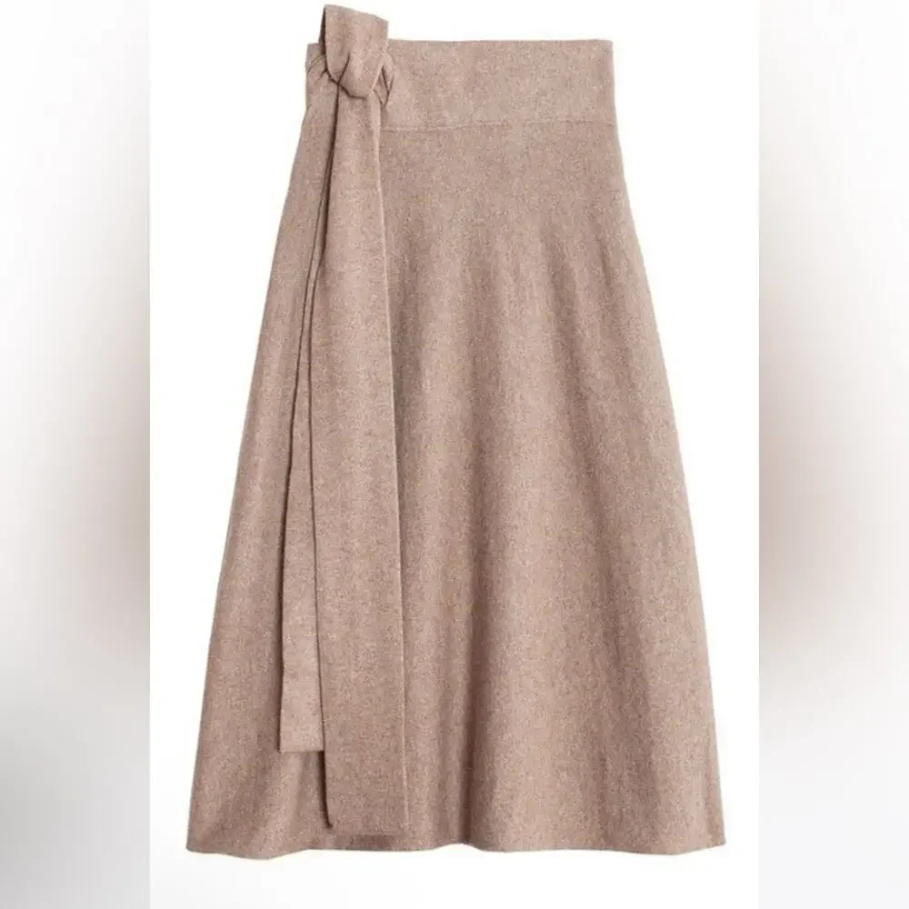 Lauren Manoogian Alpaca Yak Knit Wrap Midi Skirt Neutral Tan Sz 1/S